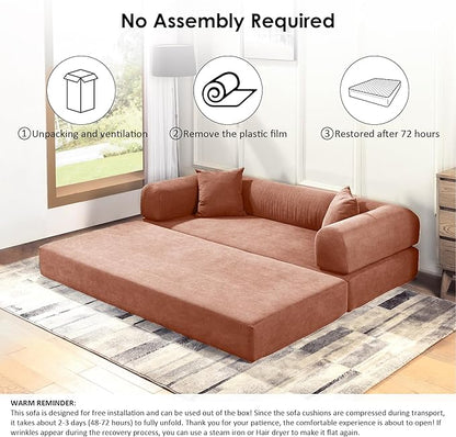 80" Convertible Sofa Bed, Corduroy Deep Seat Folding Pull Out Couch with Pillows, No Assembly Modern Boneless Couch Compression Sofa in Box, Floor Sofa with Storage Pocket for Living Room,Pink