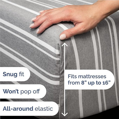 Twin XL 4 Piece Sheet Set - Cooling, Comfy & Breathable - Hotel Luxury Bedding Includes Fitted Sheet for Women, Men, Kids & Teens - 1 Flat, 1 Fitted Sheet, 2 Pillowcases w/Deep Pockets - Grey Stripes