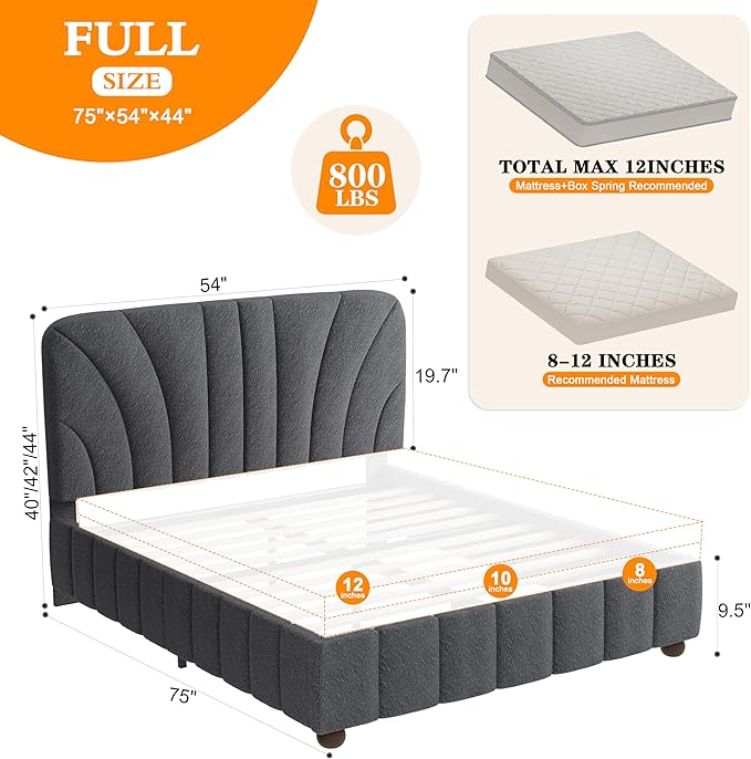 Full Size Boucle Bed Frame Upholstered Bed Frame Full with Adjustable Headboard, Solid Wood Slats Support, Bed for Bedroom Apartment, Dorm, No Box Spring Needed, Easy Assembly, Noise-Free, Grey