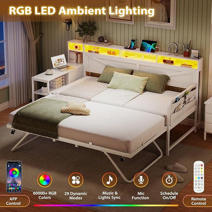 VIAGDO Daybed Twin with Pop Up Trundle, Farmhouse Wooden Day Bed Frame with 3 Storage Drawers and Shelves, Twin to King Daybed with Charging Station and LED Lights for Bedroom, Guest Room, White