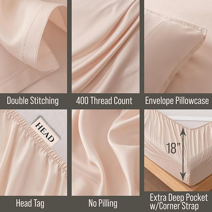 Bella Coterie 6 Piece Luxury Bamboo Viscose Queen Size Sheet Set | 100% Organically Grown | Cooling for Hot Sleepers | 18" Deep Pocket | Soft & Hypoallergenic | 4 Pillowcases [Champagne]