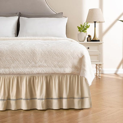 MIYE Wrap Around Ruffled Lace Bed Skirt, Elastic Dust Ruffle with Adjustable Belts, Easy to Put On, Bed Frame Cover, Machine Washable (Ruffled Lace/Beige, King/Queen-12.5" Drop)