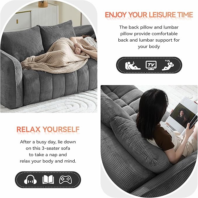 83'' Boneless Corduroy Sofa, Oversized 3 Seater Deep Seat Couch with Rounded Armrest, Modern Upholstered Cloud Sofa for Living Room, No Assembly, Grey