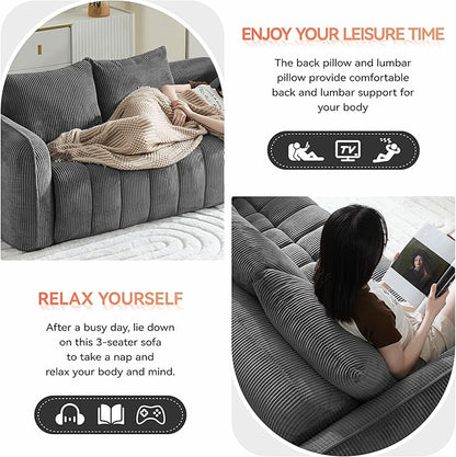 83'' Boneless Corduroy Sofa, Oversized 3 Seater Deep Seat Couch with Rounded Armrest, Modern Upholstered Cloud Sofa for Living Room, No Assembly, Grey