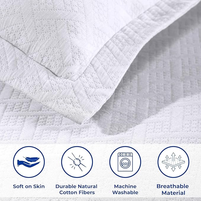 Superior 3 Piece Basketweave Cotton Bedspread Set, Home Bed Decor, Decorative Bed Spread, 2 Pillow Shams, Medium Weight Blanket, Matelasse Coverlet Bedding, Geometric Lattice Pattern, Full, White