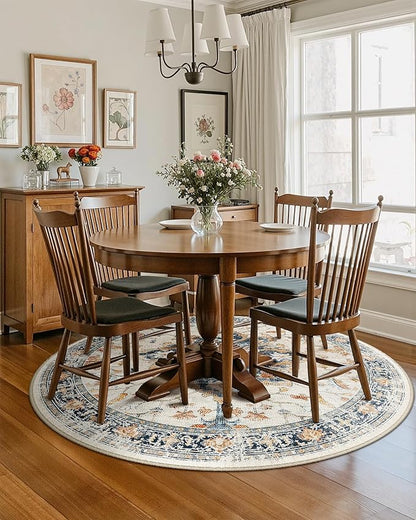 Area Rugs 6ft Washable Non-Slip, Floral Vintage Distress Print Pattern Medallion Carpet for Living Room Bedroom Dining Room, Beige Navy Blue Orange Colorful