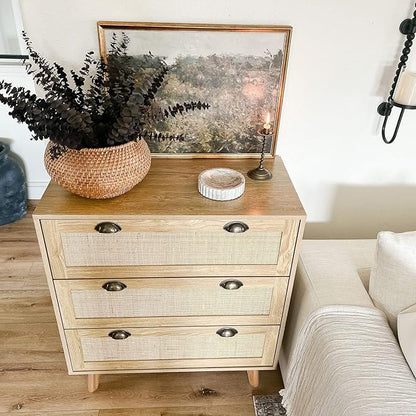 PHI VILLA Rattan Dresser - Nightstand with Drawer Boho Small Cabinet 3 Drawer Dresser, Bedside Table