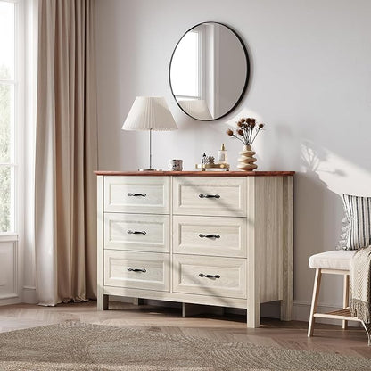 LINSY HOME 6 Drawers Dresser for Bedroom, 47" Wide Wooden Storage Chest with Antique Handles, Modern Farmhouse Dresser TV Stand with Wood Legs for Closet, Living Room, Hallway, Beige