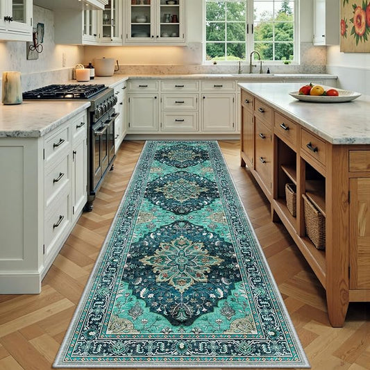 Area Rugs 2'x7' Washable Non-Slip, Floral Vintage Distress Print Pattern Medallion Carpet for Living Room Bedroom Dining Room, Teal Green Lake Blue Turquoise
