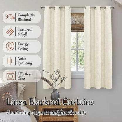 Linen Blackout Curtains for Bedroom Narrow Window, Thermal Insulated Complete Light Blocking Privacy Soundproof Small Curtains for Basement, Each 38 Inch Wide 63 Inch Length 2 Panels, Cream