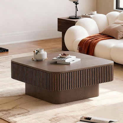 LKTART Coffee Table for Living Room, Accent Fluted Square Coffee Table with Hidden Storage, Modern Solid Wood Veneered Circle Center Tea Table for Small Space Apartment (31.5''D×14''H-Walnut)