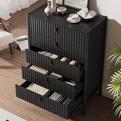 Black 5 Drawer Dresser, Modern Tall Dresser for Bedroom, Fluted Wood Chest of Drawers with Deep Drawers for Clothes, Storage Cabinet for Bedroom, Living Rooms, Offices, Entryways