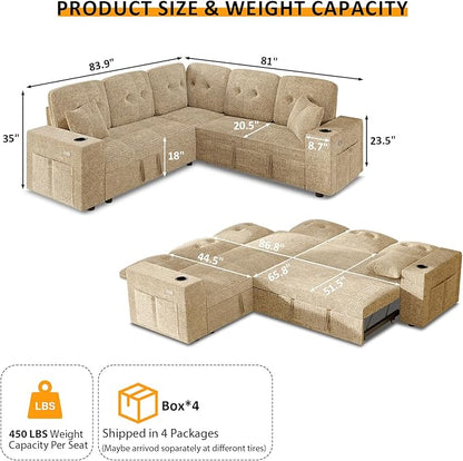 Modular Sectional Sleeper Sofa with Pull Out Bed, L Shaped 5 Seat Sectional Couches for Living Room, 84 Inch Sofa Bed with Adjustable Backrest | Hidden Storage | Wide Armrest | Khaki