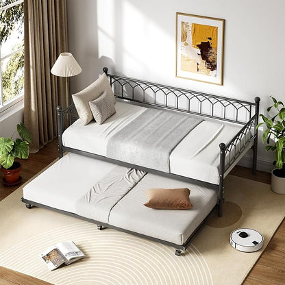 GarveeHome Twin Size Metal Roll Out Trundle Bed Frame with Wheels and Slats Support, Black