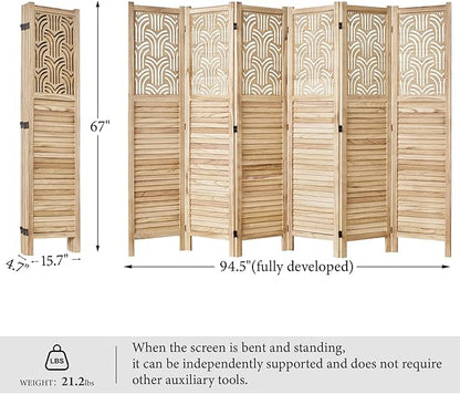 Svimi Folding Room Divider, 66.9 Inch 6 Panels Wood Carved Privacy Screens, Free Assembled Freestanding Portable Separation Wall for Home Office Bedroom (Natural)
