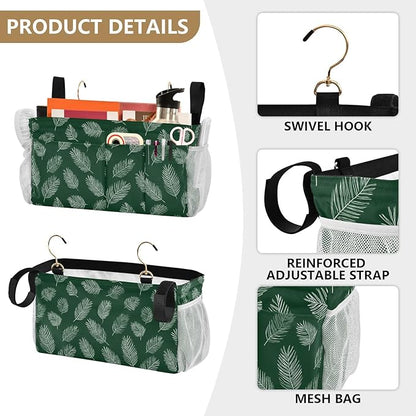 Bedside Caddy Hanging Bunk Bed Caddy Bed Organizer Hanging Pocket with 2 Hooks Bedside Storage Organizer Pocket Bag Holder Green Simple Palm Leaf