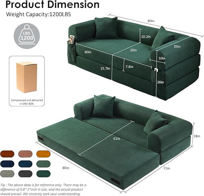 80" Convertible Sofa Bed, Corduroy Deep Seat Folding Pull Out Couch with Pillows, No Assembly Modern Boneless Couch Compression Sofa in Box, Floor Sofa with Storage Pocket for Living Room,Dark Green