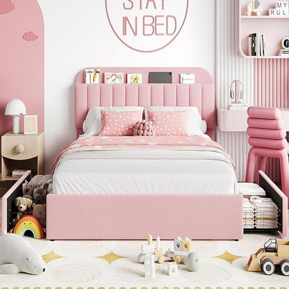 Jojoka Queen Bed Frame with Storage Headboard and 2 Drawers, Boucle Upholstered Platform Bed, Modern Girls Bed Frames for Rooms, No Box Spring Needed, Easy Assembly, Light Pink
