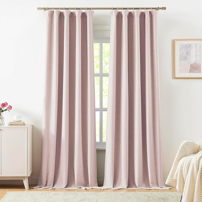 Vision Home Pink Linen Full Blackout Curtains for Bedroom Living Room Darkening Soundproof Window Curtains 102 inch Thermal Insulated Rod Pocket Back Tab Linen Drapes 2 Panels 56" Wx102 L