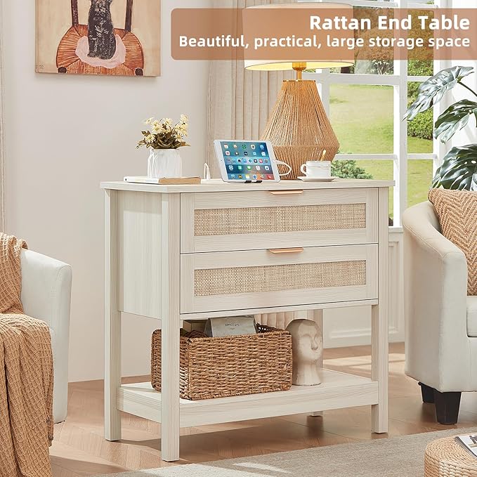 LEYAOYAO 31.5" Wide Rattan Night Stand with Charger Station, Oversized Large Boho Nightstand with 2 Drawer, Grey White Bed Side End Tables, Tall Bedside Table for Bedroom Living Room, Hallway