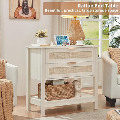 LEYAOYAO 31.5" Wide Rattan Night Stand with Charger Station, Oversized Large Boho Nightstand with 2 Drawer, Grey White Bed Side End Tables, Tall Bedside Table for Bedroom Living Room, Hallway