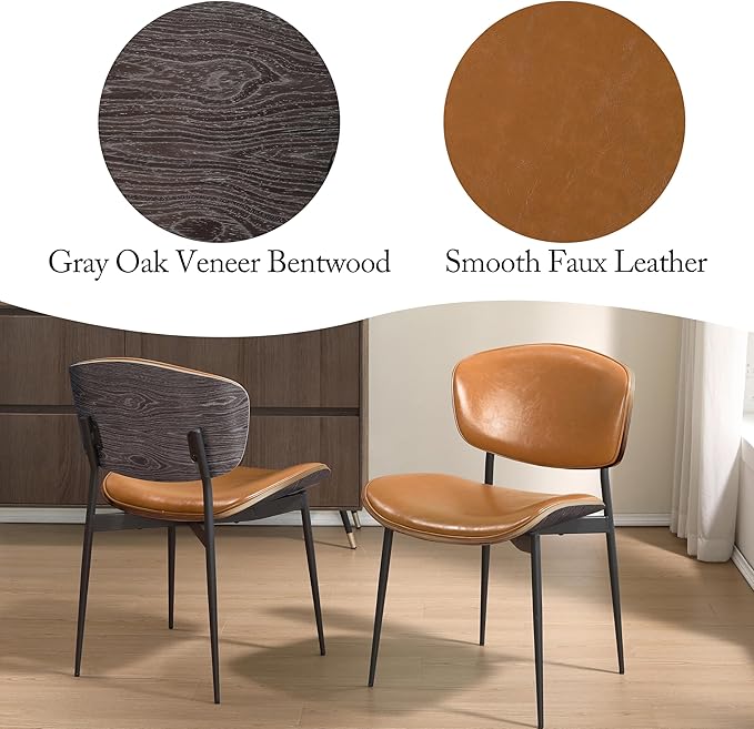 Art Leon Dining Chairs Set of 4, Gray Oak Bentwood, Mid Century Modern Dining Room Chairs, Faux Leather Upholstered Desk Chair with Black Metal Legs, Brown