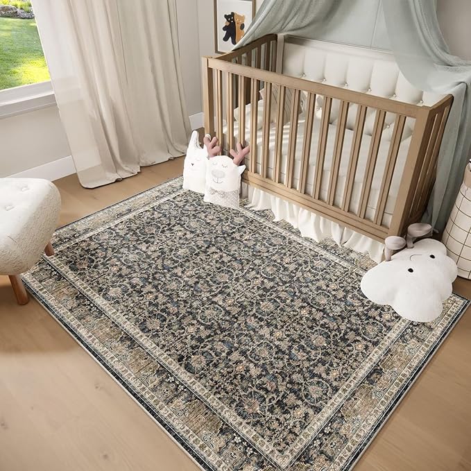 Washable 2x3 Entryway Rug, Boho Non-Slip Door Mat Vintage Distress Small Rugs for Kitchen Nursery Office Bedroom, 0.3" Neutral Oriental Throw Carpet with Cushioning Pad, Rust/Multi