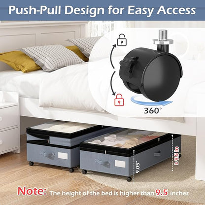 Underbed Storage Containers with Wheels and Lid Expandable Shoe Rolling Storage Bin Adjustable 9.8-10.6 Inch Height Under Bed Drawers for Dorm, Clothes, Blankets, Housewarming Gift 2 Pack Grey