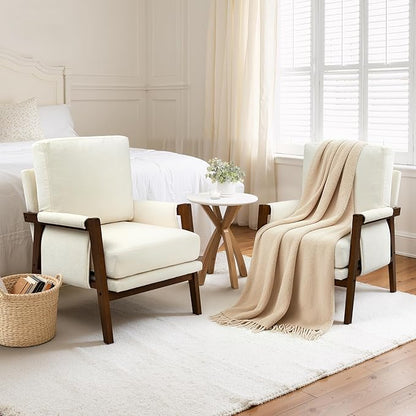 Accent Chairs for Living Room Set of 2, Modern Arm Chairs for Bedroom, Wooden Upholstered Mid Century Accent Chairs, Cream White
