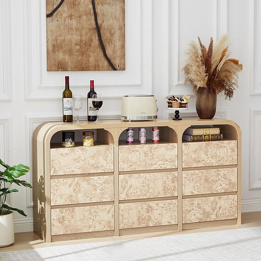 9 Drawer Dresser for Bedroom, Modern Chest of Drawers with Open Shelf, Burl Wood Long Storage Dressers for Closet, Living Room, Hallway (Natural)