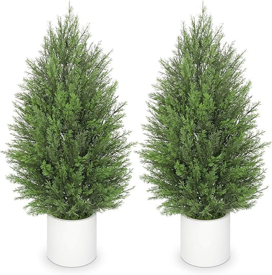 Briful 2PCS 3ft Artificial Cedar Topiary Trees in White Planter – Compact Faux Evergreen Potted Plants with Dense Realistic Layered Leaves, Lifelike Fake Cypress Trees for Home, Office, Patio, Porch