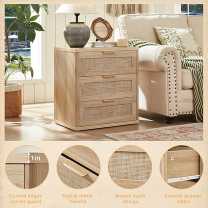 LEYAOYAO Rattan Night Stand with Drawers, 23" Large 3 Drawer Boho Nightstand, Natural Wood Bedside Table Storage Cabinet, Bed Side End Tables Dresser for Bedroom, Living Room, Hallway, Closet