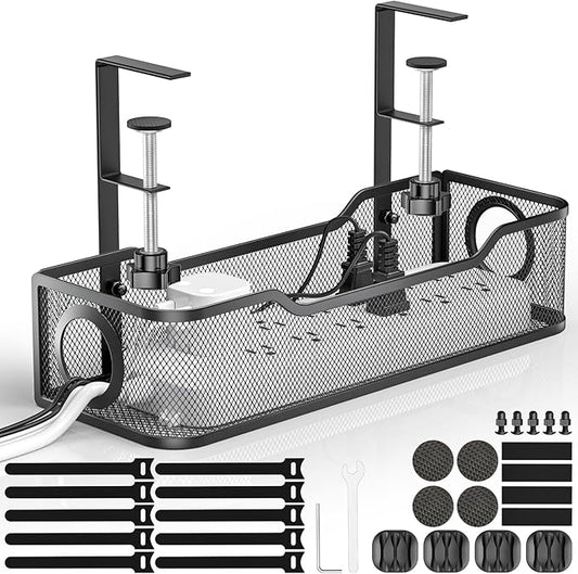 Under Desk Cable Management Tray - GZOKMOG No Drill Cord Organizer with Clamp, Workspace Organizers for Cords, Metal Mesh Wire Management for Home and Office, 1 Pack Black, 13.38 inch
