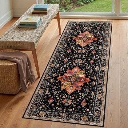Area Rugs 3'x6' Washable Non-Slip, Floral Vintage Distress Print Pattern Medallion Carpet for Living Room Bedroom Dining Room, Black Colorful Floral Dark Tan
