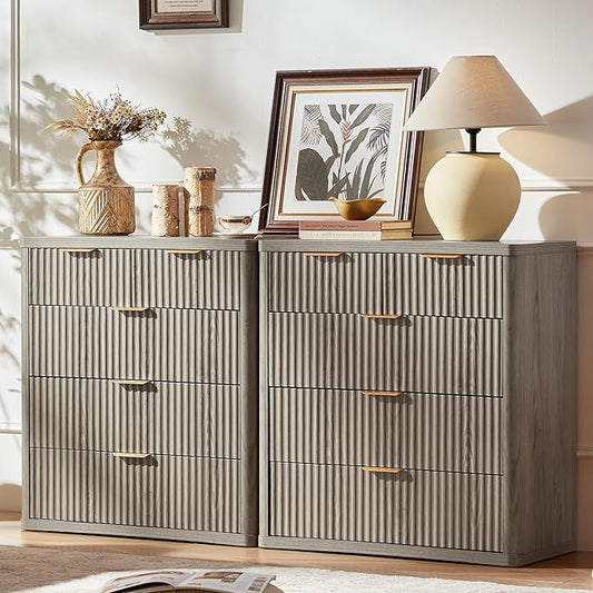 LEYAOYAO Fluted 5 Drawers Dresser for Bedroom Set of 2, 34" Tall Modern Chest of Drawers with Metal Handle, Curved Profile Design,Grey Wood Drawer Organizer for Bedroom, Living Room, Hallway