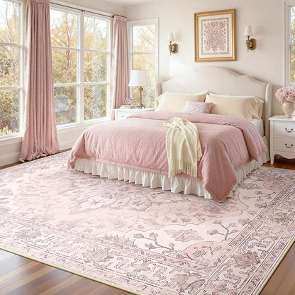 Area Rugs 6'x9' Washable Non-Slip, Floral Vintage Distress Print Pattern Medallion Carpet for Living Room Bedroom Dining Room, Pink Greypink Cute