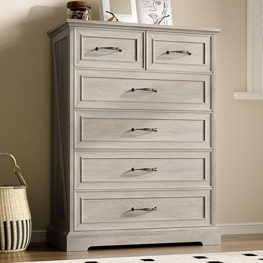 Farmhouse 6 Drawers Dresser for Bedroom, 43" Tall Wood Chest of Drawers with Deep Drawers & Bar Handles, Modern Dresser TV Stand, Rustic Wooden Closet Storage Organizer for Living Room, Hallway, Grey