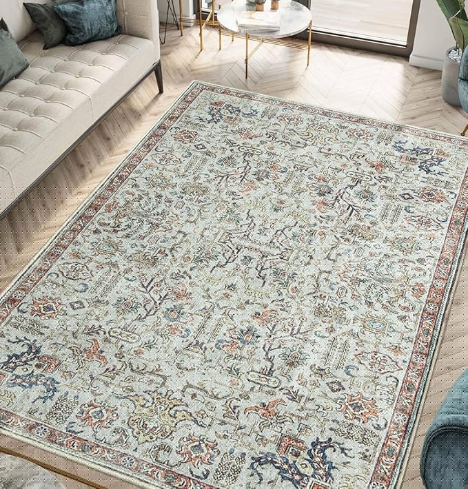 Keen Home Design 8x10 Rug - Machine Washable Area Rug with Non-Slip Backing, Ideal for Living Room, Dining Room, Bedroom - Vintage, Easy Clean, Durable, Low Pile Rug - (8' x 10')