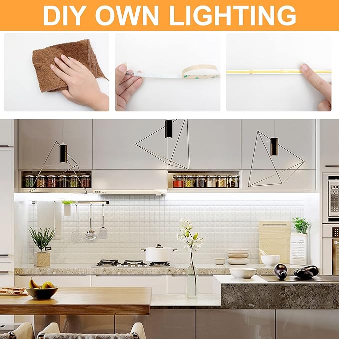 65.6ft White COB LED Strip Light, High Bright LED Strips with 320LEDs, RF Remote and UL Power Supply, 6000K Dimmable LED Lights for Bedroom, Kitchen, DIY Home Decoration, 2 Rolls of 32.8ft