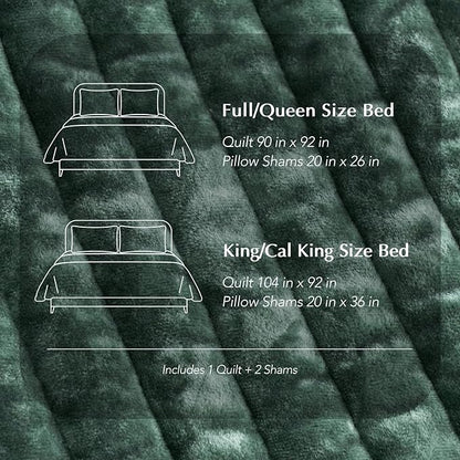 EVERGRACE Velvet Quilt Set King Size, Luxurious Soft Striped Channel Bedding Set, Lightweight Velvet Comforter for All Season, Oversized Bedspread Coverlet with 2 Matching Shams, Pine Green