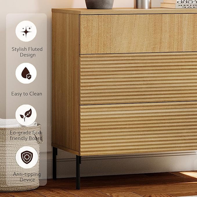 WAMPAT 31.5" W Fluted Dresser for Bedroom, Modern 3 Drawer Dresser TV Stand with Hidden Handles, Wooden Chest of Drawers Closet Clothes Storage Organizer for Bedroom, Living Room, Oak