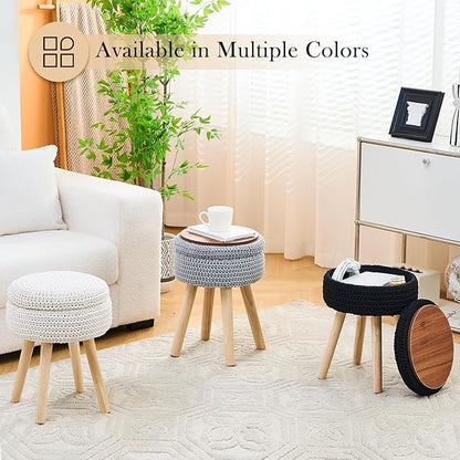 LGENHOOM Round Foot Stool Ottoman with Storage Footrest with Wood Legs Cotton Knitted Vanity Stool Tray Top Coffee Table Multifunctional Upholstered Footstool for Living Room Bedroom White