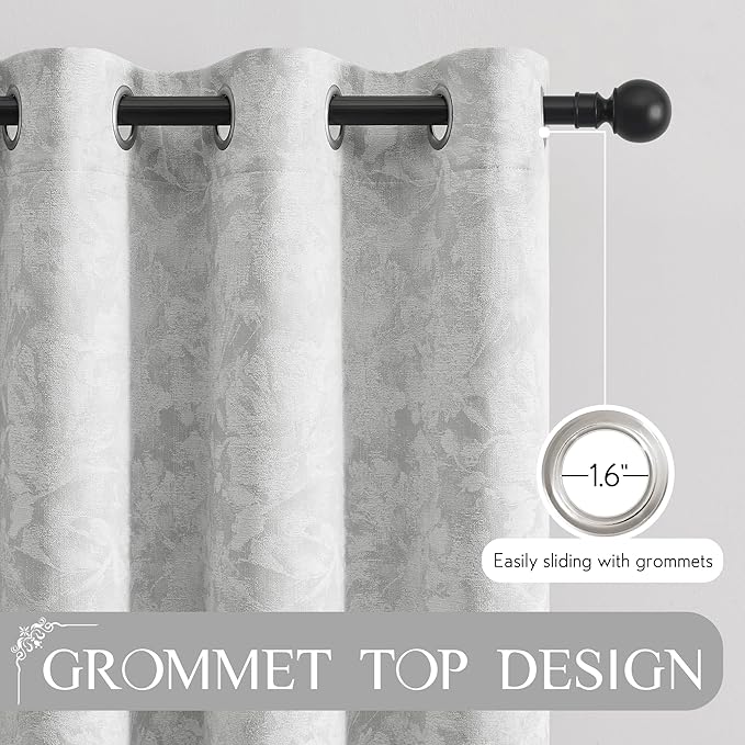 Beauoop Grey Floral Jacquard Blackout Curtains 84 Inches Long 2 Panels for Bedroom Living Room Gray Flower Chenille Room Darkening Thermal Insulated Soundproof Grommet Window Treatments Drapes, 52x84