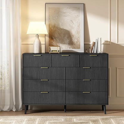 CARPETNAL Fluted 9 Drawer Dresser for Bedroom, 55" Wide Wooden Chest of Drawers with Rounded Corners, Gold Handles, Modern Storage Organizer for Bedroom, Hallway(Black)