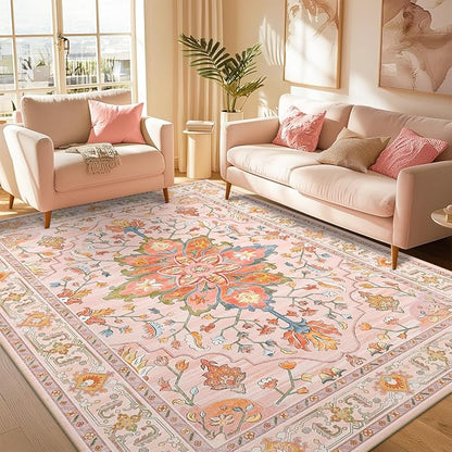Area Rugs 6'x9' Washable Non-Slip, Floral Vintage Distress Print Pattern Medallion Carpet for Living Room Bedroom Dining Room, Light Pink Colorful