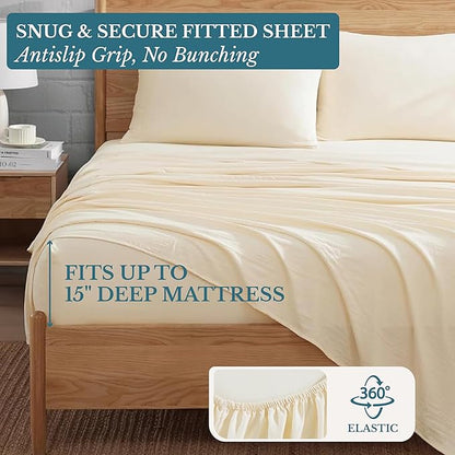 Casa Platino Queen Sheets Set, Soft & Cozy Bed Sheet Set for Queen Size Bed, 4 Piece Pre-Washed Microfiber Sheets with Deep Pocket Fitted Sheet, Breathable & Lightweight Everyday Bedding – Ivory
