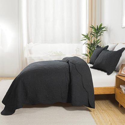 HoneiLife Quilt Sets King Size - Microfiber Bedspreads for King Bed, 3-Piece Lightweight Coverlets, Retro Bedlinen Sets, King Quilt Bedding Set All Season Use-Black