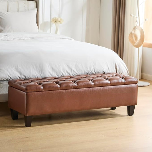 GDFStudio Boucle Storage Ottoman Bench with Button Tufting, 50.75” Upholstered Entryway Bench with Hidden Storage, Soft Close Lid, Rubberwood Legs, Extra Seating for Bedroom, Living Room – Brown