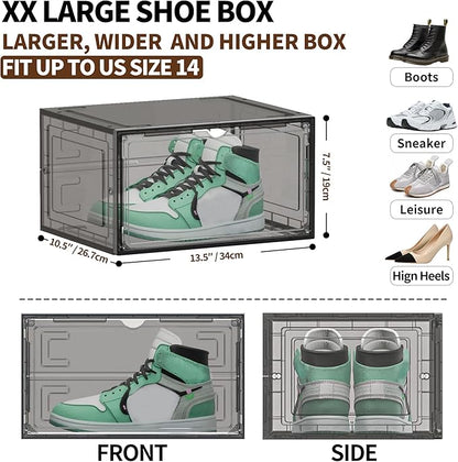 12 Pack XX Large Shoe Organizer, Heavy-Duty Hard Thicken Plastic Clear Stackable Shoe Storage Box Organizer for Closet, Space-Saving Shoe Rack Display Case Bin Containers for Sneakers, Grey