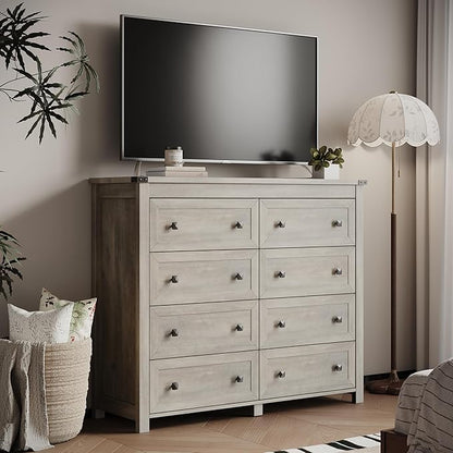 Dresser for Bedroom with 8 Drawers, Farmhouse Wood Chest of Drawers, Wide TV Stand Closet Storage Furniture with Metal Handle, Modern Clothes Organizer for Hallway, Living Room, Entryway, Light Grey